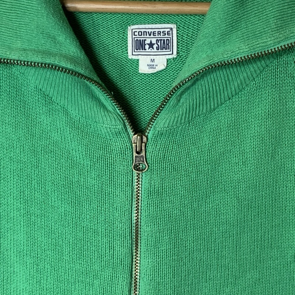 Converse Full Zip Cardigan Sweater Womens M Green 100% Cotton Collar - Picture 3 of 10